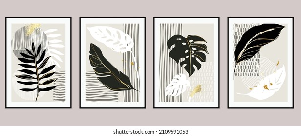 Gold Botanical wall art vector set. Minimal boho foliage line art drawing with  abstract shape.  Abstract Plant Art design for print, cover, wallpaper, Minimal and  natural wall art.