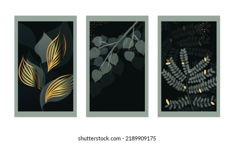 Gold Botanical wall art vector set. Leaf line art drawing with abstract shapes. Design for print, cover, wallpaper, Minimal and natural wall art.