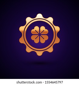 Gold Bottle cap with four leaf clover icon isolated on dark blue background. Happy Saint Patricks day.  Vector Illustration