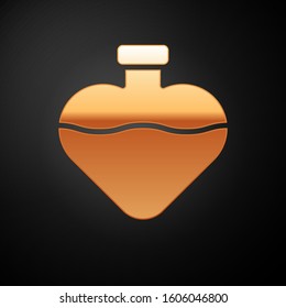 Gold Bottle with love potion icon isolated on black background. Valentines day symbol.  Vector Illustration