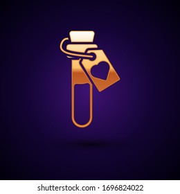 Gold Bottle with love potion icon isolated on black background. Valentines day symbol.  Vector Illustration