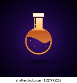 Gold Bottle with potion icon isolated on dark blue background. Flask with magic potion. Happy Halloween party.  Vector Illustration