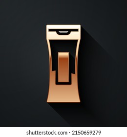 Gold Bottle of shampoo icon isolated on black background. Long shadow style. Vector Illustration