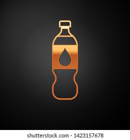 Gold Bottle of water icon isolated on black background. Soda aqua drink sign. Vector Illustration