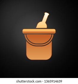 Gold Bottle of wine in an ice bucket icon isolated on black background. Vector Illustration