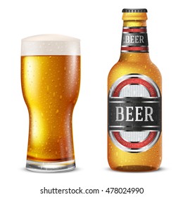 Gold bottles of beer with water drops  template isolated on white background - realistic vector illustration