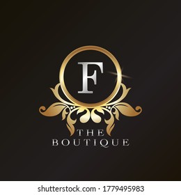 Gold Boutique F Logo template in circle frame vector design for brand identity like Restaurant, Royalty, Boutique, Cafe, Hotel, Heraldic, Jewelry, Fashion and other brand