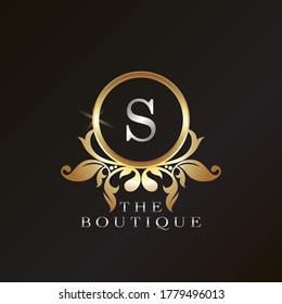 Gold Boutique S Logo template in circle frame vector design for brand identity like Restaurant, Royalty, Boutique, Cafe, Hotel, Heraldic, Jewelry, Fashion and other brand