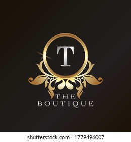 Gold Boutique T Logo template in circle frame vector design for brand identity like Restaurant, Royalty, Boutique, Cafe, Hotel, Heraldic, Jewelry, Fashion and other brand