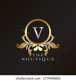 Gold Boutique V Logo template in circle frame vector design for brand identity like Restaurant, Royalty, Boutique, Cafe, Hotel, Heraldic, Jewelry, Fashion and other brand