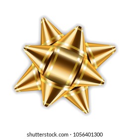 Gold bow 3d ribbon decor element package. Shiny golden satin decoration gift present, holiday design, isolated white background. Symbol Christmas, New Year celebration, birthday Vector illustration