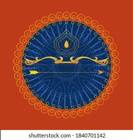 gold bow with arrow in front of blue mandala ornament design, Happy dussehra lord ram festival and indian theme Vector illustration