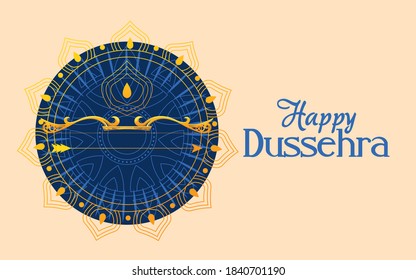 gold bow with arrow in front of blue mandala ornament design, Happy dussehra lord ram festival and indian theme Vector illustration