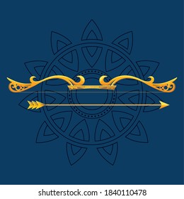 gold bow with arrow in front of mandala ornament on blue background design, Happy dussehra lord ram festival and indian theme Vector illustration