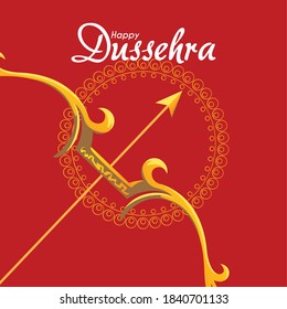 gold bow with arrow in front of mandala ornament on red background design, Happy dussehra lord ram festival and indian theme Vector illustration