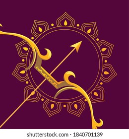 gold bow with arrow in front of mandala ornament on purple background design, Happy dussehra lord ram festival and indian theme Vector illustration