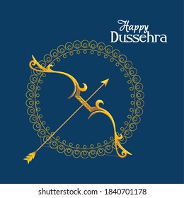 arco dorado con flecha frente al adorno de mandala sobre el diseño de fondo azul, festival Happy dussehra lord ram y tema indio Ilustración vectorial
