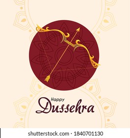 gold bow with arrow in front of red mandala ornament design, Happy dussehra lord ram festival and indian theme Vector illustration