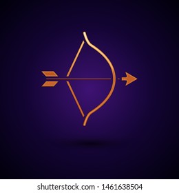 Gold Bow and arrow icon isolated on dark blue background. Cupid symbol. Love sign. Valentines day concept.  Vector Illustration