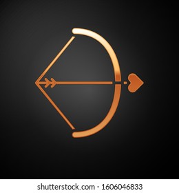 Gold Bow and arrow icon isolated on black background. Cupid symbol. Love sign. Valentines day concept.  Vector Illustration