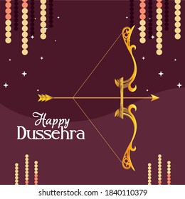 gold bow with arrow with stars on purple background design, Happy dussehra lord ram festival and indian theme Vector illustration