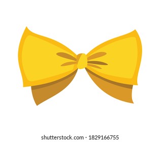Gold bow. Cartoon vector yellow luxury design element of wrap pack. Decor element template. Celebration bow with ribbon isolated on white background