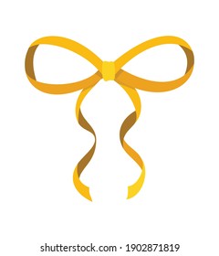 Gold bow. Cartoon vector yellow luxury design element of wrap pack. Decor element template. Celebration bow with ribbon isolated on white background