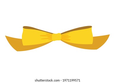 Gold bow. Cartoon vector yellow luxury design element of wrap pack. Decor element template. Celebration bow with ribbon isolated on white background