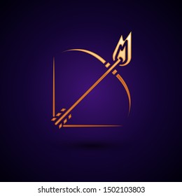 Gold Bow and fire arrow icon isolated on dark blue background.  Vector Illustration