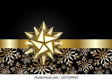 Gold bow isolated on black background. Shiny golden ribbon. Christmas satin decoration. New Year holiday design. Birthday celebration present. Gold decor element for gift package. Vector illustration.