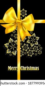 Gold bow on trendy wrapping black paper with New Year and wish Merry Christmas. Festive packaging for fashion prints, greeting cards for Christmas, New Year. Vector illustration.