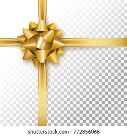 Gold bow for packing gifts. Realistic vector illustration on transparency grid.