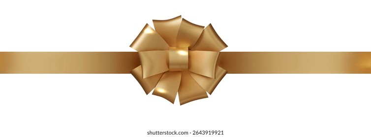 Gold bow realistic with horizontal ribbon decorative elements for birthday ,wedding card, gift card gift present.
