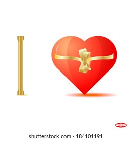 gold bow and red heart on white background vector