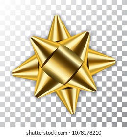 Gold bow ribbon 3d decor element package. Shiny golden template gift present isolated white transparent background. Christmas, New Year celebration holiday, birthday design Vector illustration
