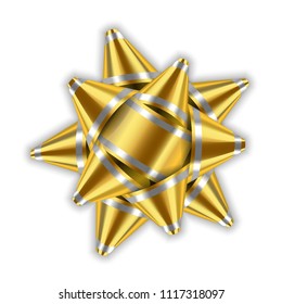 Gold bow ribbon 3d decor element package. Shiny golden template for gift present, holiday design, isolated white background. Symbol Christmas, New Year celebration, birthday Vector illustration