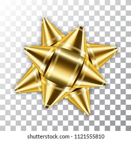Gold bow ribbon 3d decor element package. Shiny golden satin decoration gift present, holiday design, isolated white transparent background. Symbol Christmas, New Year, birthday Vector illustration