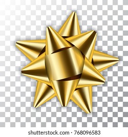 Gold bow ribbon 3D decor element package. Shiny golden satin decoration gift present, isolated white transparent background. Christmas, New Year holiday celebration design Vector illustration