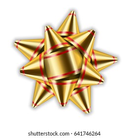Gold bow ribbon decor element package. Shiny golden satin decoration gift present, holiday design, isolated white background. Symbol Christmas, New Year celebration, birthday Vector illustration