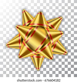 Gold bow ribbon decor element package. Shiny golden template gift present isolated white transparent background. Christmas, New Year celebration holiday, birthday design Vector illustration