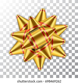 Gold bow ribbon decor element package. Shiny golden satin decoration gift present, holiday design, isolated white transparent background. Symbol Christmas, New Year, birthday Vector illustration
