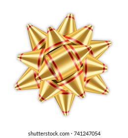 Gold bow ribbon decor element package. Shiny golden satin decoration gift present, holiday design, isolated white background. Symbol Christmas, New Year celebration, birthday Vector illustration