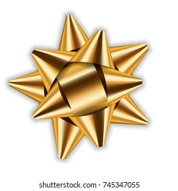 Gold bow ribbon decor element package. Shiny golden satin decoration gift present, holiday design, isolated white background. Symbol Christmas, New Year celebration, birthday Vector illustration