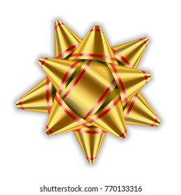 Gold bow ribbon decor element package. Shiny golden satin decoration gift present, holiday design, isolated white background. Symbol Christmas, New Year celebration, birthday Vector illustration