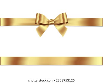 Gold Bow and Ribbon Horizontal Realistic shiny satin with shadow horizontal ribbon for decorate your wedding invitation card ,greeting card or gift boxes vector EPS10 isolated on white background.