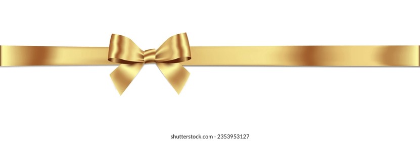 Gold Bow and Ribbon Horizontal Realistic shiny satin with shadow horizontal ribbon for decorate your wedding invitation card ,greeting card or gift boxes vector EPS10 isolated on white background.