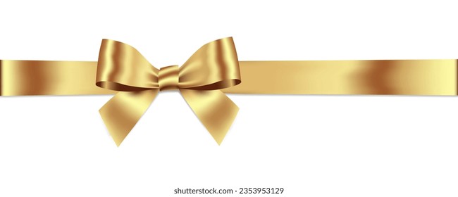 Gold Bow and Ribbon Horizontal Realistic shiny satin with shadow horizontal ribbon for decorate your wedding invitation card ,greeting card or gift boxes vector EPS10 isolated on white background.