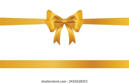Gold Bow and Ribbon Horizontal Realistic shiny satin with shadow horizontal ribbon for decorate your wedding invitation card ,greeting card or gift boxes vector EPS10 isolated on white background