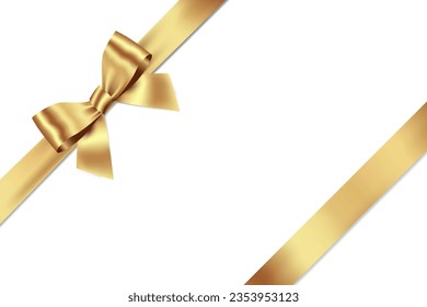 Gold Bow and Ribbon Realistic shiny satin with shadow place on left corner for decorate your wedding invitation card ,greeting card or gift boxes vector EPS10 isolated on white background.