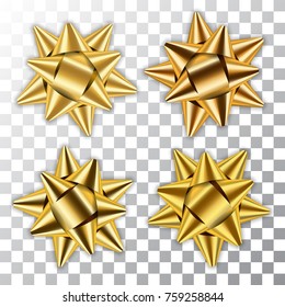 Gold bow ribbons set. Decor elements package. Shiny golden decorations gift, holiday design, isolated white transparent background. Symbol Christmas, New Year, birthday Vector illustration